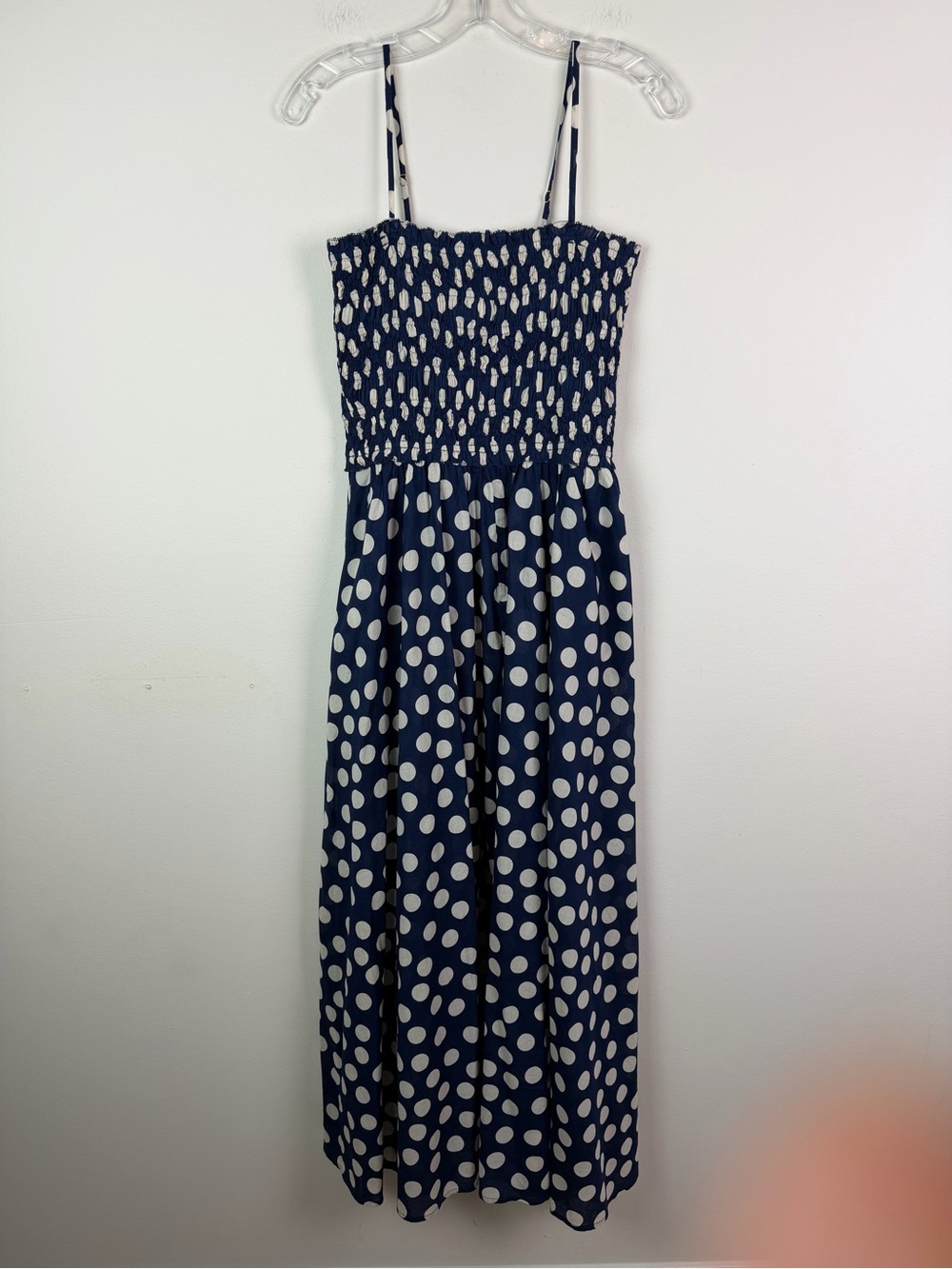 J. Crew Smocked Maxi Dress with Straps in Cotton Voile Navy Polka Dot Size S - Picture 5 of 13